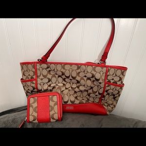 Brown and red Coach purse and matching wallet